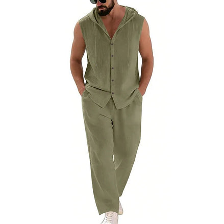 AKJ Fashion Ensemble estival homme vert kaki en coton et lin, sans manches avec capuche, pantalon assorti.