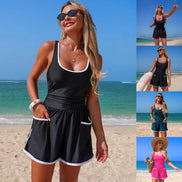 AKJ Fashion ensemble maillot de bain 2 pièces noir avec short assorti, bordures fuchsia, idéal plage et piscine