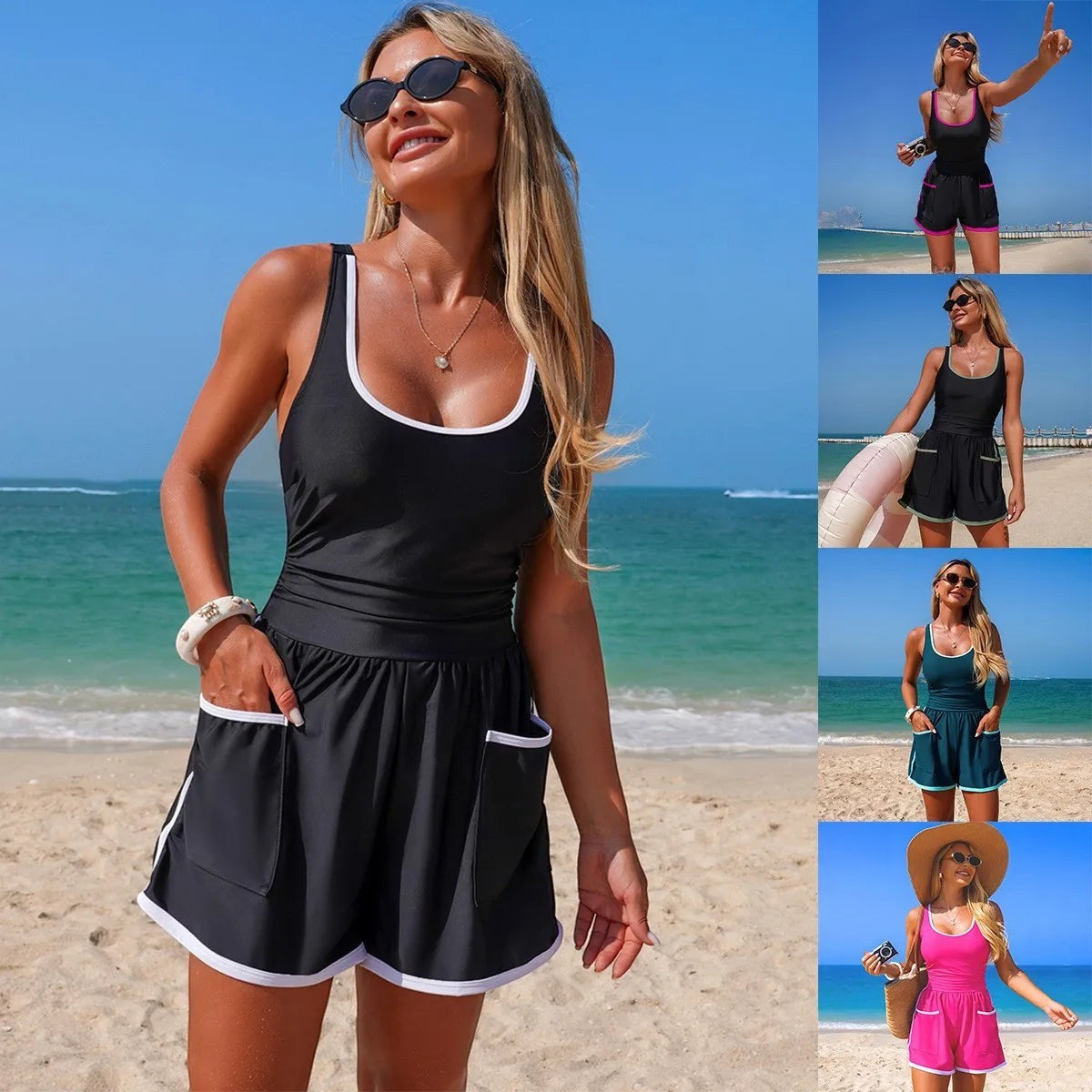 AKJ Fashion ensemble maillot de bain 2 pièces noir avec short assorti, bordures fuchsia, idéal plage et piscine