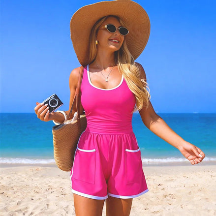AKJ Fashion ensemble de bain 2 pièces rose vif avec short assorti, bordures blanches, sur fond de plage.