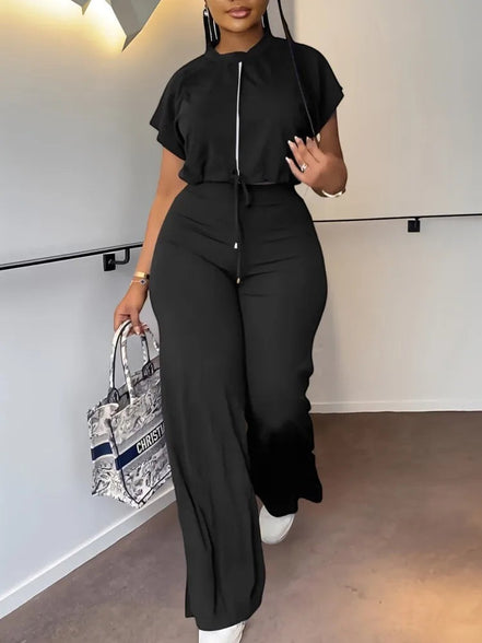 AKJ Fashion ensemble 2 pièces noir, top zip manches papillon et pantalon large taille haute fluide.
