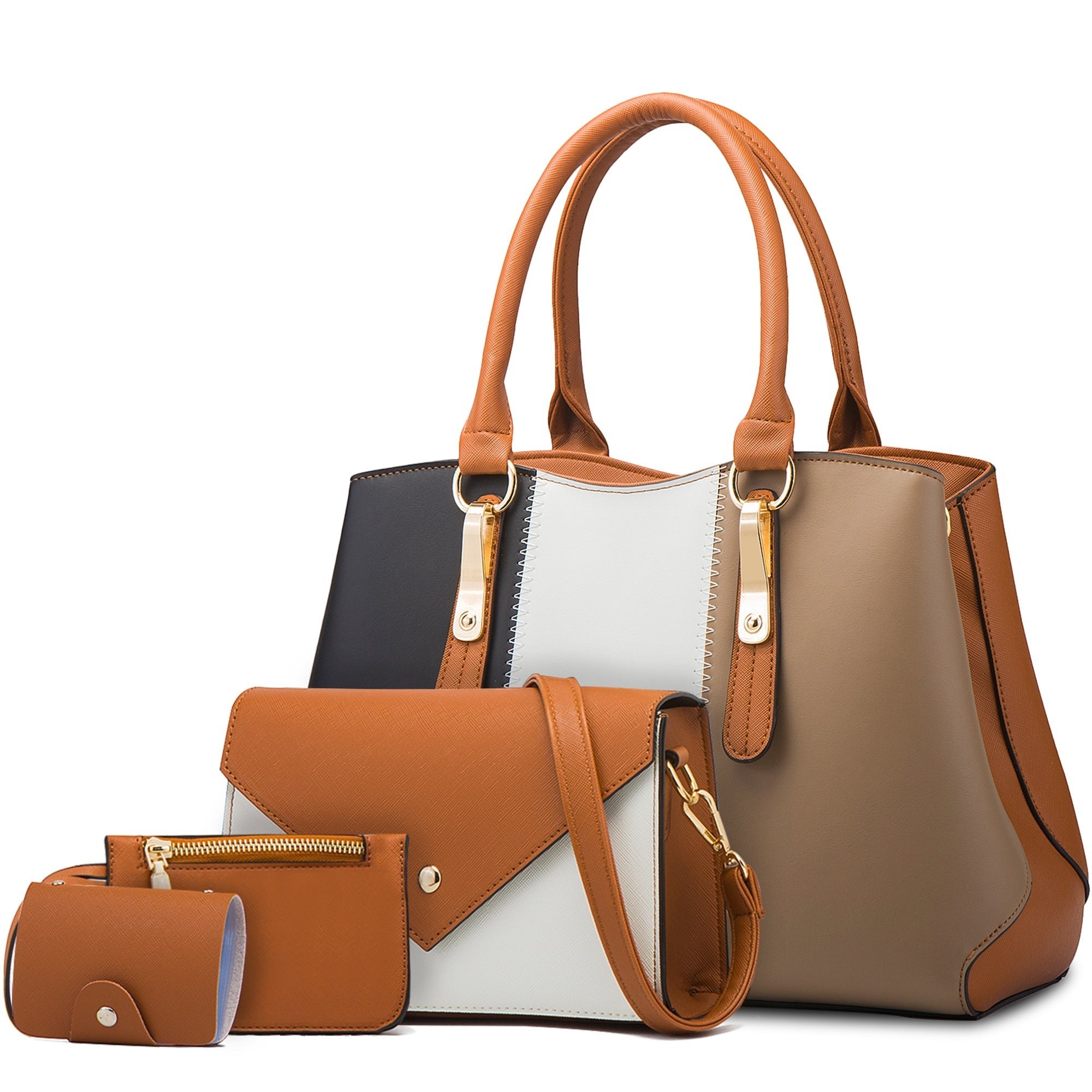 Ensemble 4 sacs à main AKJ Fashion en cuir multicouleur (noir, blanc, beige, marron) avec finitions dorées. Design épuré et chic.