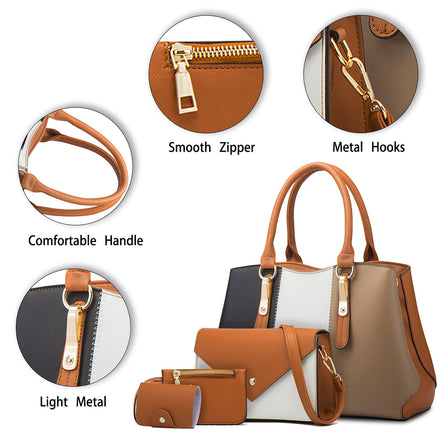 Ensemble de 4 sacs à main AKJ Fashion en cuir color block doré, blanc, noir et marron. Comprend un grand sac, un sac bandoulière, une pochette et un porte-cartes.
