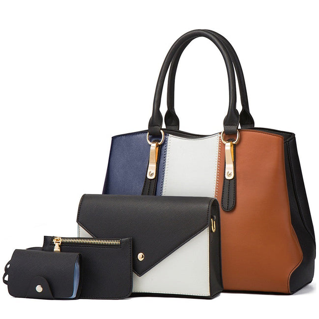 Ensemble 4 sacs AKJ Fashion en cuir color-block bleu, blanc, marron et noir. Sac cabas, sac bandoulière, pochette et porte-cartes.