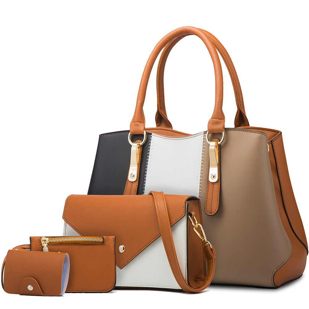 Ensemble 4 sacs à main AKJ Fashion en cuir marron, blanc, noir et beige. Design color block, idéal pour femme.