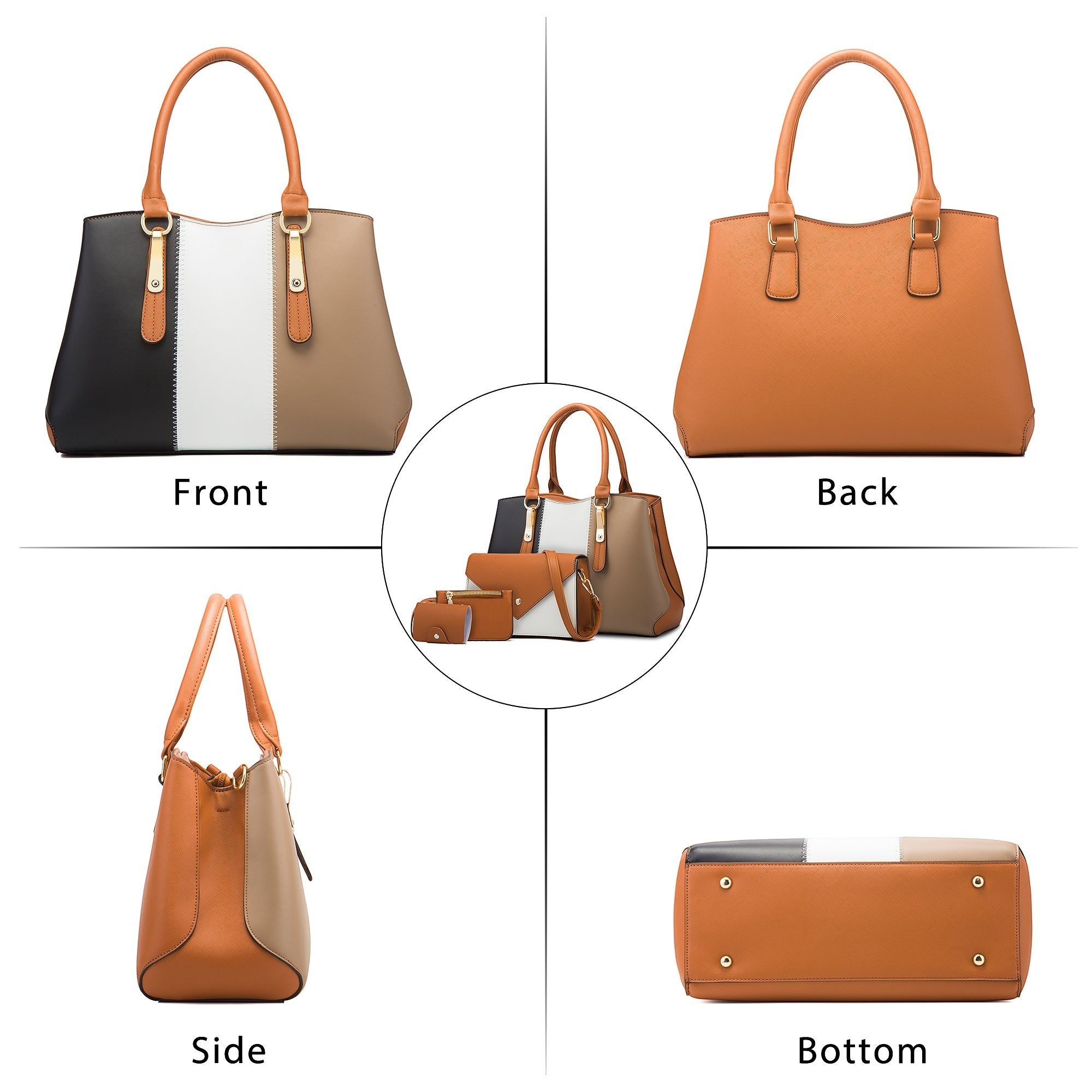 Ensemble 4 sacs à main AKJ Fashion en cuir PU, coloris noir, blanc, beige et camel. Design color block, idéal pour femme.