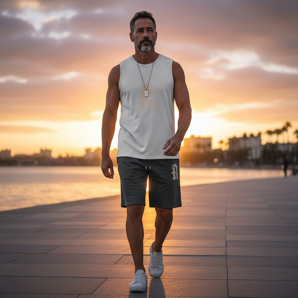 AKJ Fashion Ensemble sport homme 2 pièces : débardeur blanc et short gris foncé, coupe athlétique, idéal pour l'entraînement.