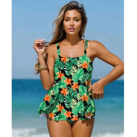 AKJ Fashion : Ensemble tankini vert à imprimé tropical, avec bas de bain aqua. Bretelles larges, coupe évasée.