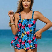 AKJ Fashion Ensemble tankini et bas de bain à motifs tropicaux bleus, roses et jaunes, avec bas uni aqua. Bretelles larges, coupe évasée.