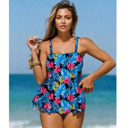 AKJ Fashion Ensemble Tankini & Bas de Bain motifs tropicaux bleus, roses et jaunes sur fond noir, avec bas de bain aqua. Bretelles larges.