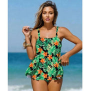 AKJ Fashion Ensemble tankini et bas de bain à motifs tropicaux verts et orange, bretelles larges, coupe évasée.