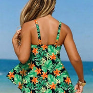 AKJ Fashion Ensemble Tankini & Bas de Bain motifs tropicaux verts et orange, bas uni vert, bretelles larges, coques intégrées.
