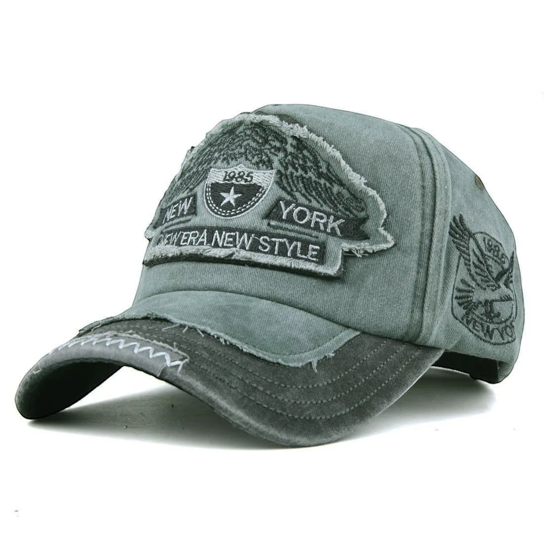 AKJ Fashion grey washed cotton denim baseball cap with vintage New York patches and adjustable strap.