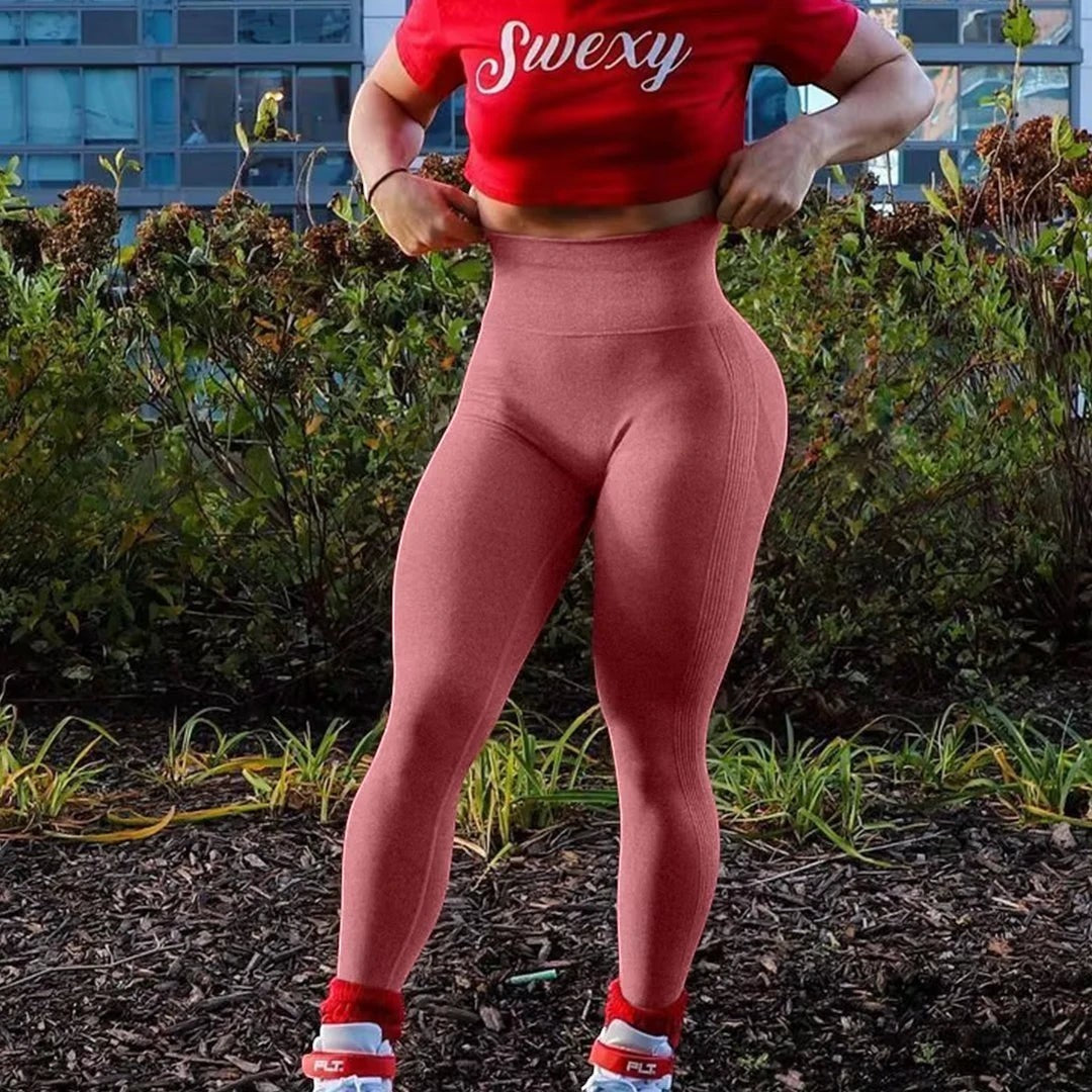AKJ Fashion legging sculptant taille haute rose corail, tissu doux et extensible, idéal pour le sport ou le quotidien.
