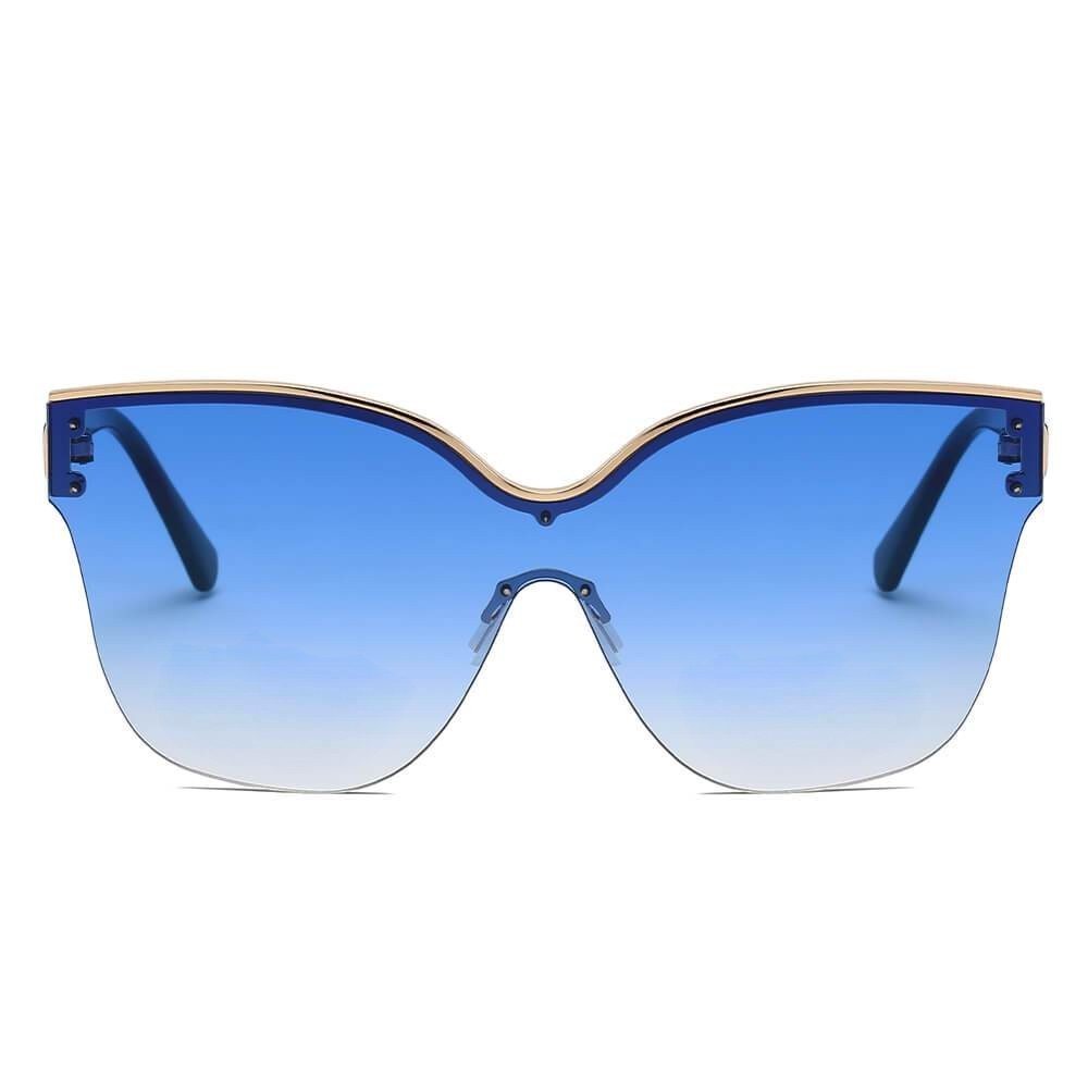 Lunettes de soleil oversize œil de chat AKJ Fashion bleues dégradées, monture semi-monture dorée et bleue, protection UVA/UVB.