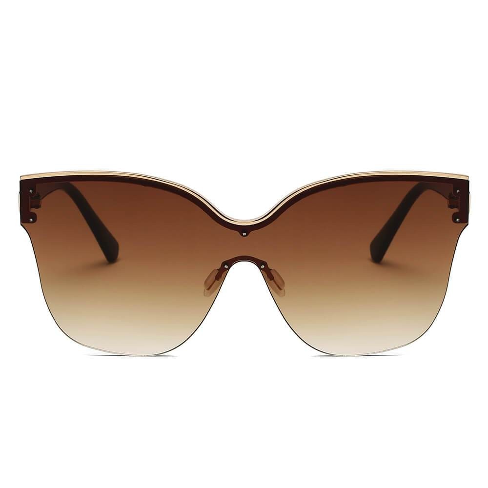 AKJ Fashion Lunettes de soleil oversize œil de chat marron dégradé, monture semi-monture dorée, luxe contemporain.