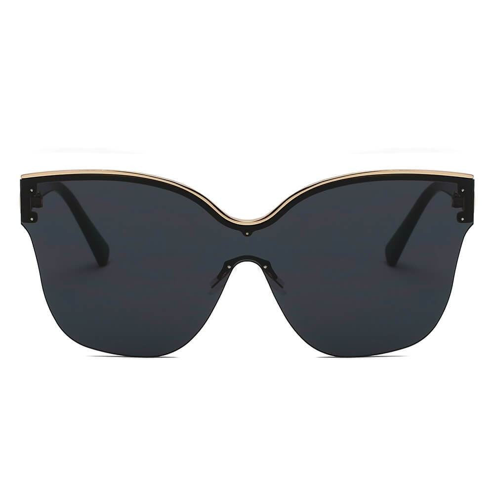 Lunettes de soleil oversize œil de chat AKJ Fashion, monture noire et dorée, verres fumés, style luxe contemporain.