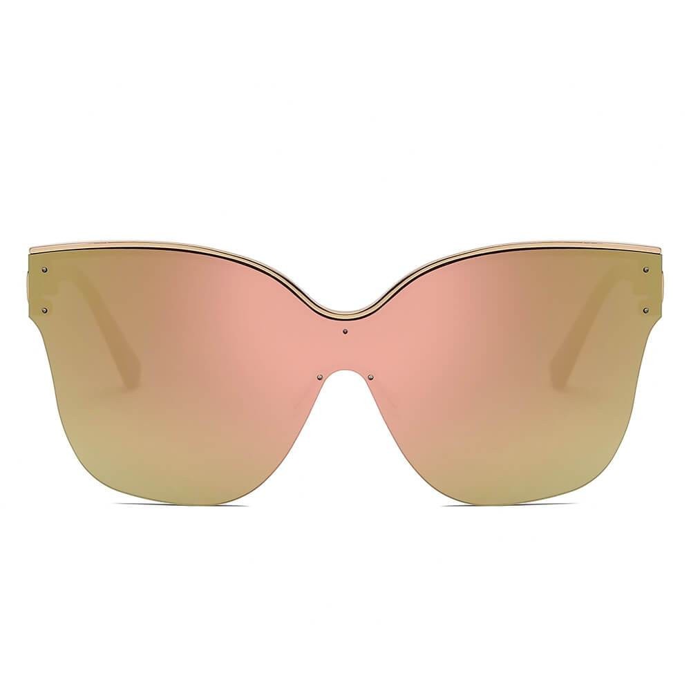 Lunettes de soleil oversize œil de chat AKJ Fashion, monture dorée semi-monture, verres roses dégradés or, protection UVA/UVB.