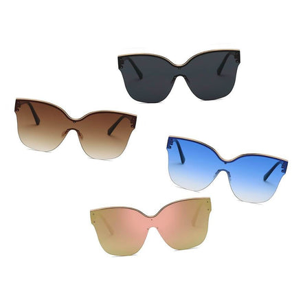 AKJ Fashion Lunettes de soleil oversize œil de chat, monture semi-monture or, verres dégradés marron, bleu et rose.