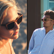 Lunettes de soleil AKJ Fashion Carver géométriques en bambou marron, verres polarisés foncés. Modèle femme et homme.