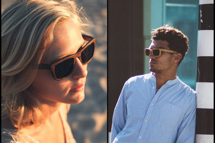 Lunettes de soleil AKJ Fashion Carver géométriques en bambou marron, verres polarisés foncés. Modèle femme et homme.
