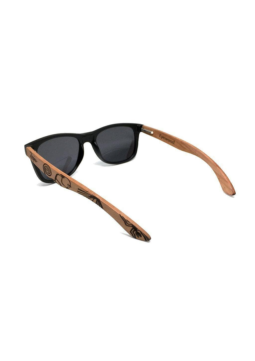 AKJ Fashion lunettes de soleil en bois véritable, monture noire, verres polarisés miroir noir, branches gravées motif Nazca.