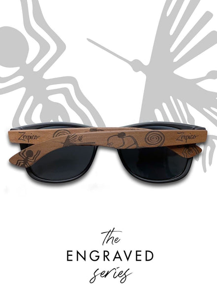 Lunettes de soleil AKJ Fashion en bois véritable, gravées de motifs Nazca, verres noirs polarisés UV400.