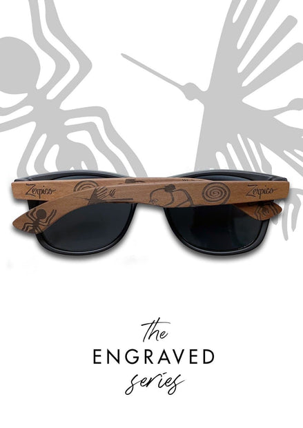 Lunettes de soleil AKJ Fashion en bois véritable, gravées de motifs Nazca, verres noirs polarisés UV400.