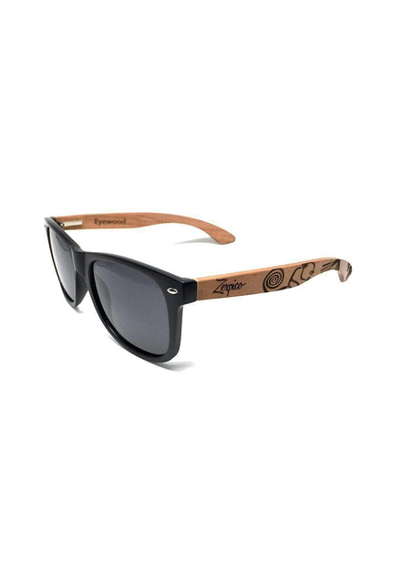 Lunettes de soleil AKJ Fashion en bois véritable, monture noire, verres polarisés UV400 miroir noir, branches gravées uniques.