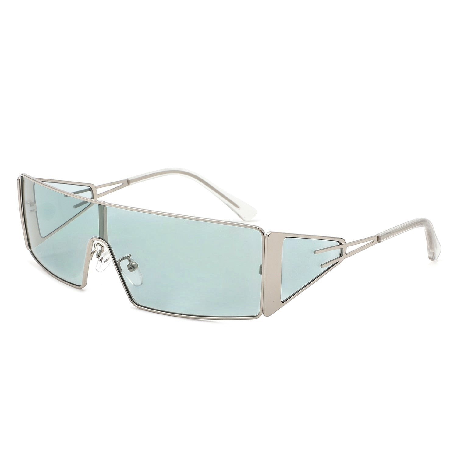 AKJ Fashion Lunettes de soleil femme rectangulaires bleues, monture argentée enveloppante, style rétro