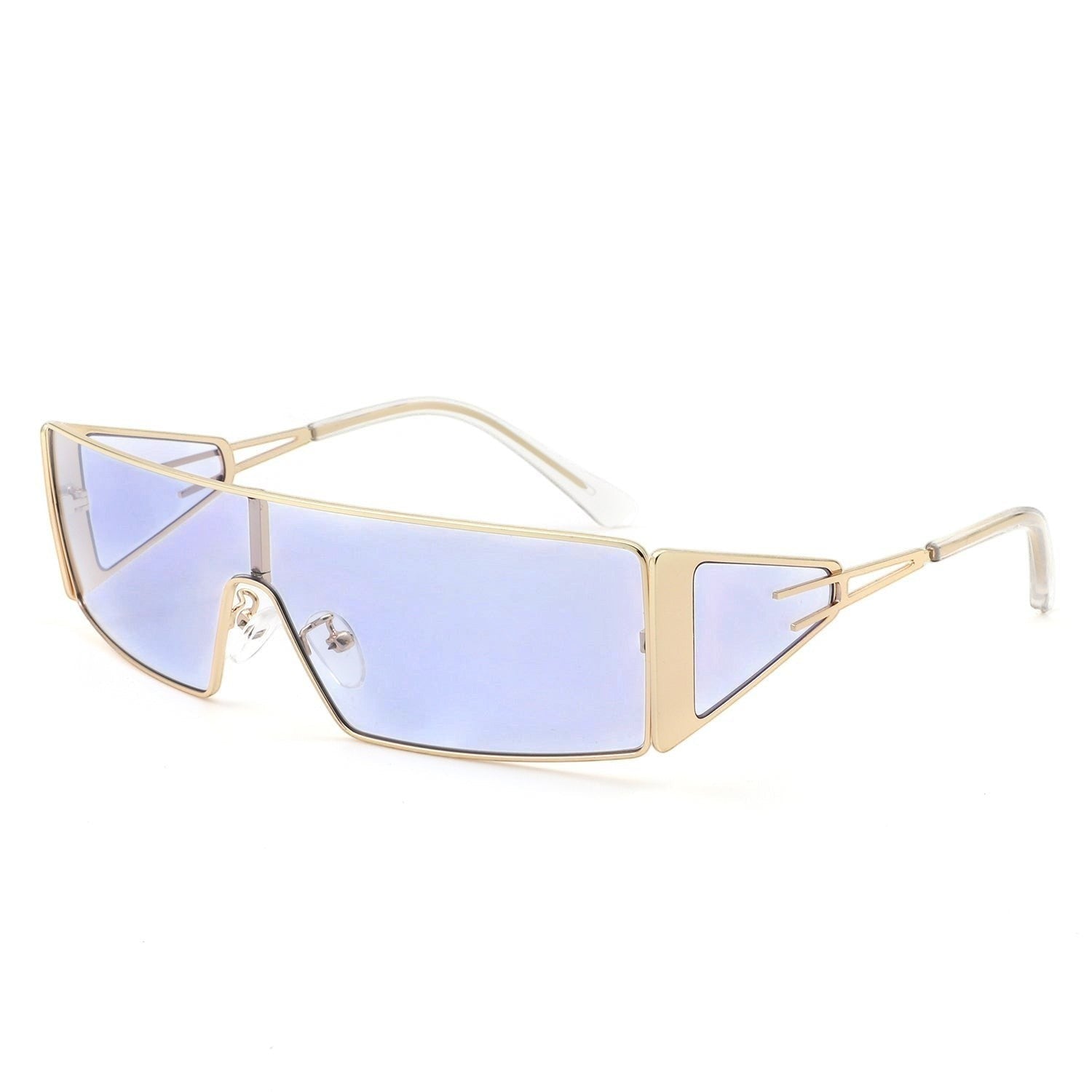 AKJ Fashion Lunettes de soleil femme rectangulaires dorées avec verres bleus, style vintage enveloppant.