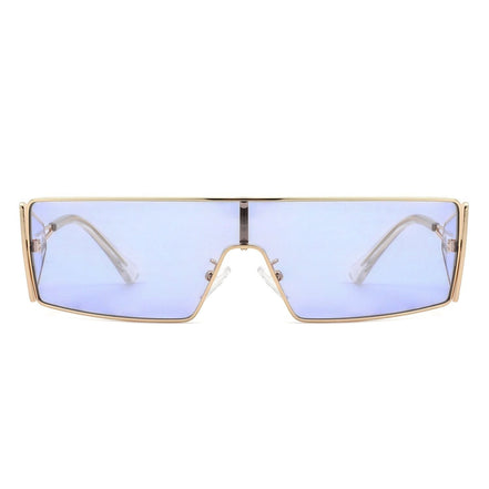 AKJ Fashion Lunettes de soleil femme rectangulaires dorées avec verres bleus, style vintage enveloppant