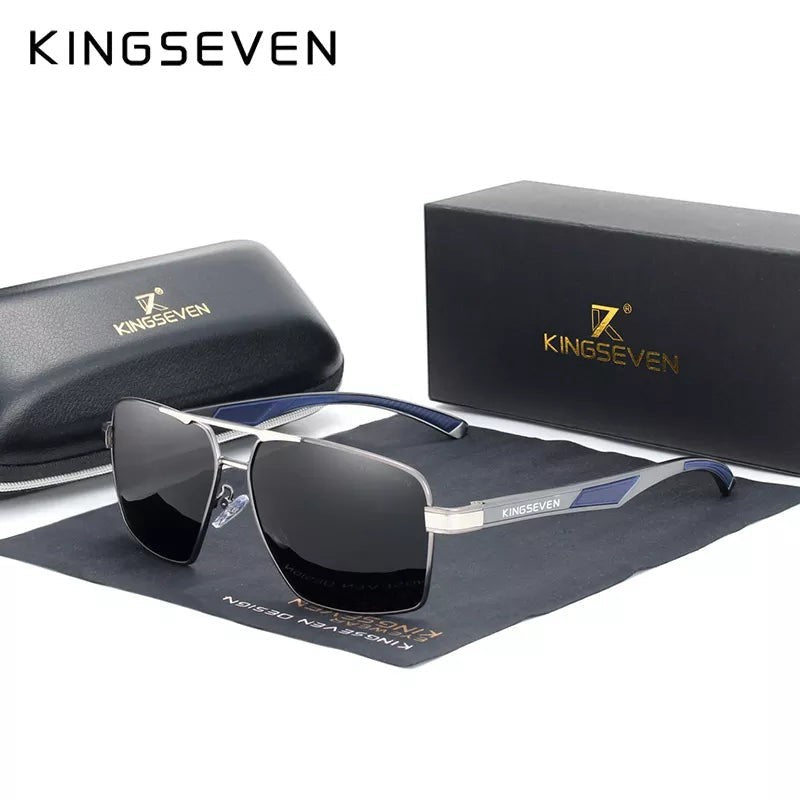 Lunettes de soleil rectangulaires polarisées KINGSEVEN K-7719 pour homme, monture aluminium argentée et bleue, verres miroir UV400.