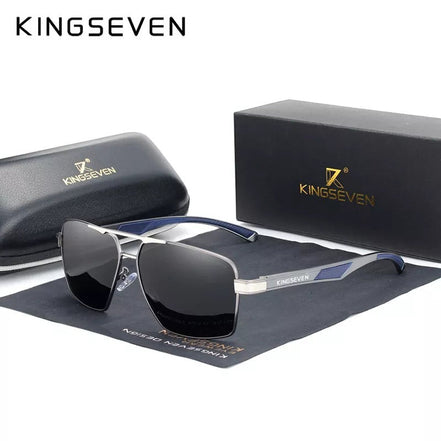 Lunettes de soleil rectangulaires polarisées KINGSEVEN K-7719 pour homme, monture aluminium argentée et bleue, verres miroir UV400.