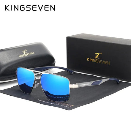 Lunettes de soleil rectangulaires polarisées KINGSEVEN K-7719 pour homme, monture aluminium argentée, verres bleus miroirs UV400.