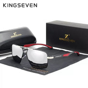 Lunettes de soleil rectangulaires polarisées KINGSEVEN K-7719 pour homme, monture aluminium argentée et rouge, verres miroirs argentés UV400.
