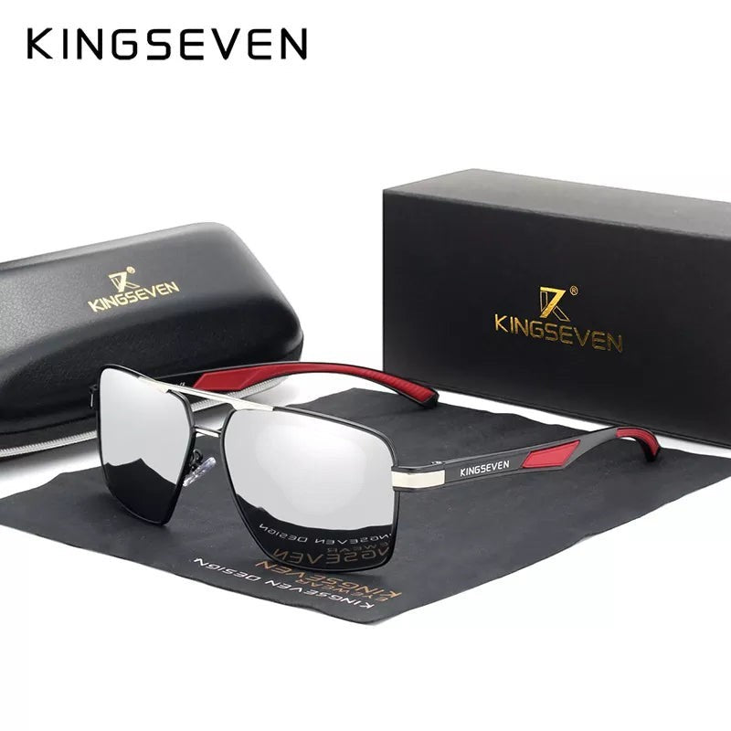 Lunettes de soleil rectangulaires polarisées KINGSEVEN K-7719 pour homme, monture aluminium argentée et rouge, verres miroirs argentés UV400.