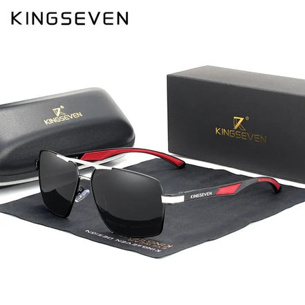 Lunettes de soleil rectangulaires polarisées KINGSEVEN K-7719 pour homme, monture aluminium argent et rouge, verres miroirs UV400.