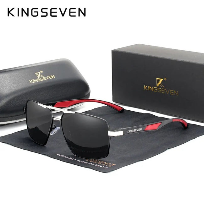 Lunettes de soleil rectangulaires polarisées KINGSEVEN K-7719 pour homme, monture aluminium argent et rouge, verres miroirs UV400.