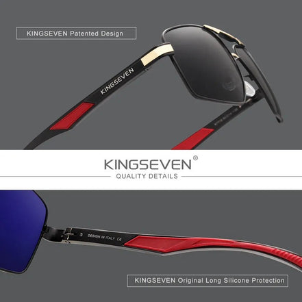 Lunettes de soleil polarisées rectangulaires KINGSEVEN K-7719 pour homme, monture aluminium noire et rouge, verres miroirs UV400.