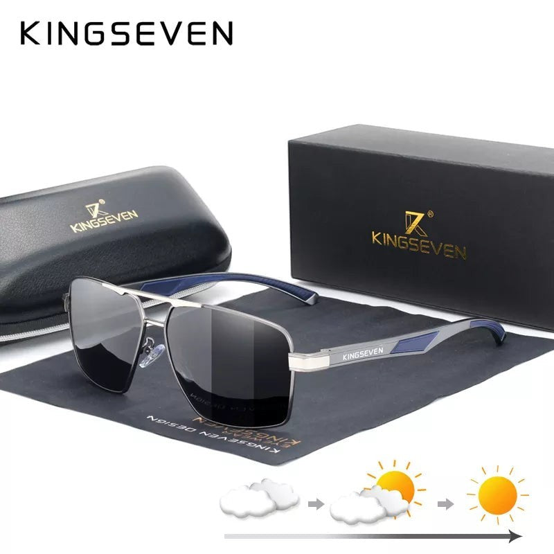 Lunettes de soleil rectangulaires polarisées KINGSEVEN K‑7719 pour homme, monture aluminium argentée et bleue, verres miroirs UV400.
