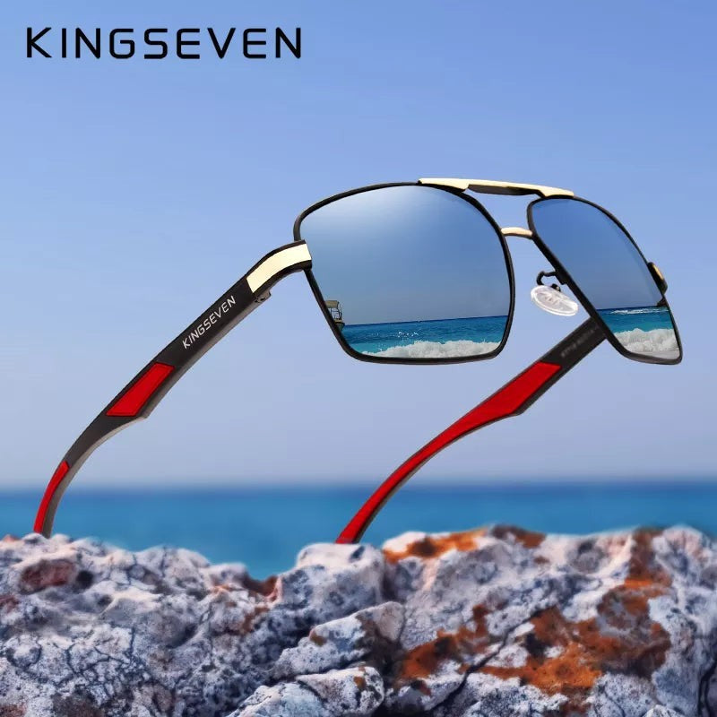Lunettes de soleil rectangulaires polarisées KINGSEVEN K-7719 pour homme, monture aluminium noire et rouge, verres miroirs bleus.