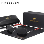 Lunettes de soleil rectangulaires polarisées KINGSEVEN K-7719 pour homme, monture aluminium argentée, verres noirs miroirs, branches rouges. Protection UV400.