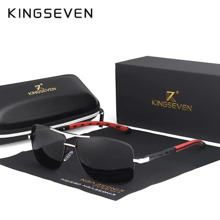 Lunettes de soleil rectangulaires polarisées KINGSEVEN K-7719 pour homme, monture aluminium argentée, verres noirs miroirs, branches rouges. Protection UV400.