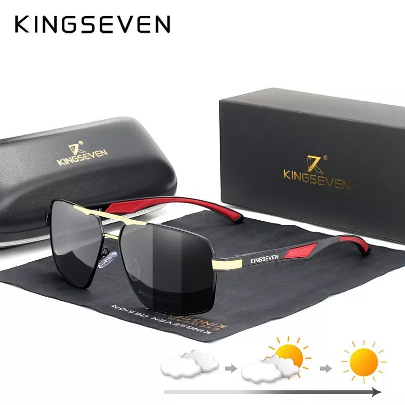 Lunettes de soleil rectangulaires polarisées KINGSEVEN K-7719 pour homme, monture aluminium noire et rouge, verres miroirs UV400.