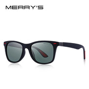 Lunettes de soleil MERRY'S polarisées UV400, monture noire mate avec accents rouges, style sport-classique.