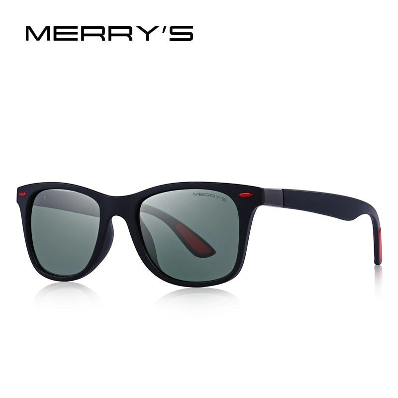 Lunettes de soleil MERRY'S polarisées UV400, monture noire mate avec accents rouges, style sport-classique.