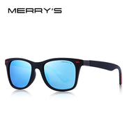 Lunettes de soleil MERRY'S polarisées UV400, monture noire mate avec accents rouges, verres bleus réfléchissants.