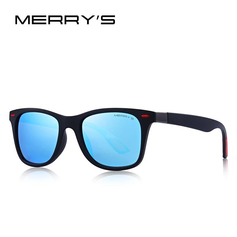 Lunettes de soleil MERRY'S polarisées UV400, monture noire mate avec accents rouges, verres bleus réfléchissants.