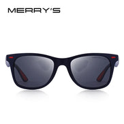 Lunettes de soleil MERRY'S polarisées UV400, monture noir mat avec accents rouges, style sport-classique.
